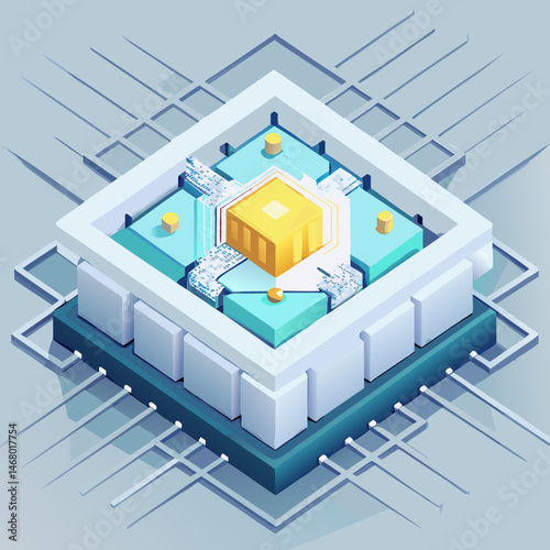 Isometric illustration of a computer chip, showcasing its intricate design and circuitry in a three-dimensional perspective.