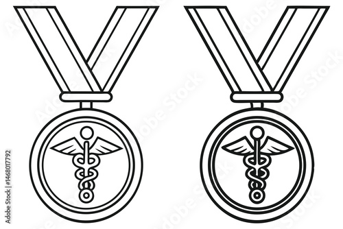 Two black outline medical symbol awards with ribbon create an impactful healthcare statement