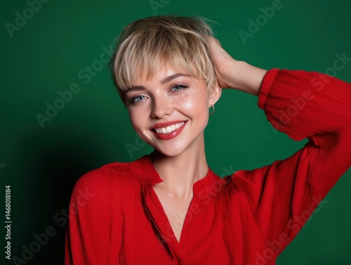 Smiling person with short b...