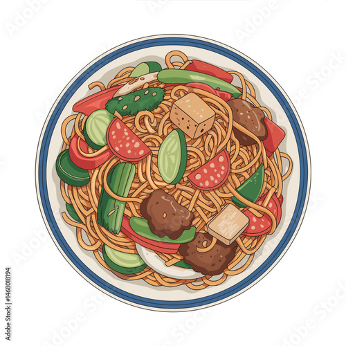 Chow Mein with Stir-Fried Noodles, Vegetables, and Tofu Illustration