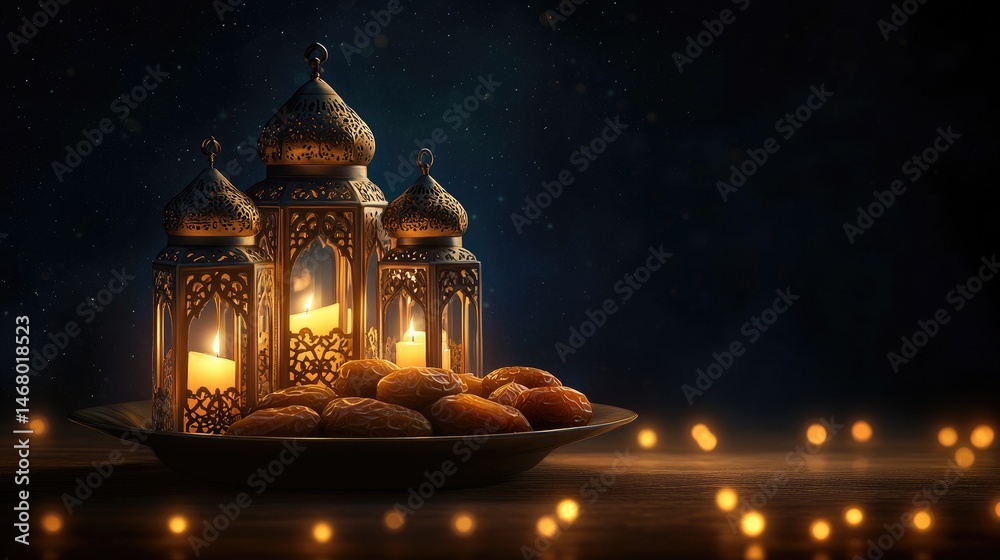 Obraz premium Ramadan Glow Lanterns with Dates Festive Light.
