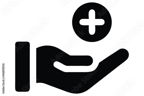 A solid black hand is holding a plus sign in a circle overhead