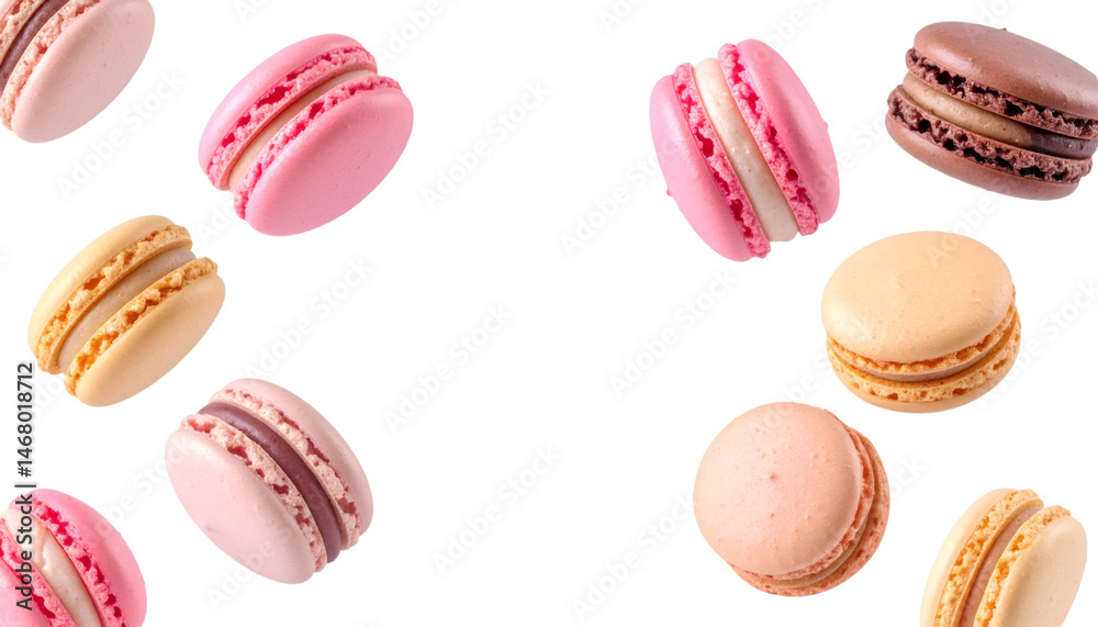 Obraz premium Colorful macarons of different flavors falling against a transparent background