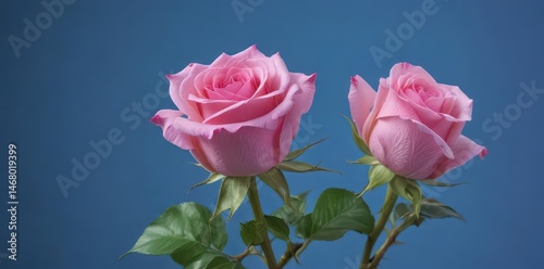 A single pink rose blossoms against a vibrant blue backdrop , elegant, flower art