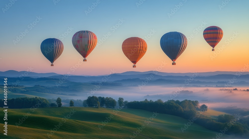 Naklejka premium Sunrise hot air balloons over misty hills
