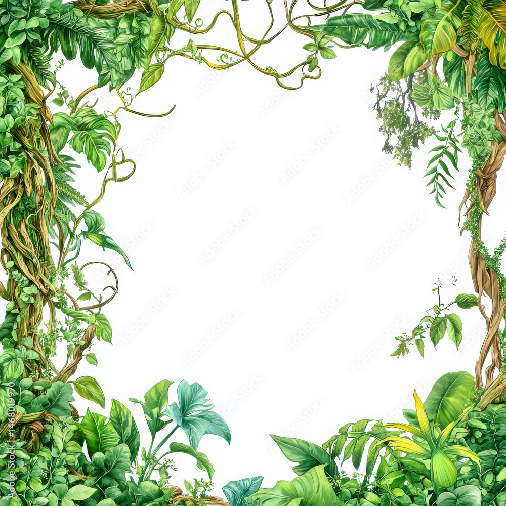 Fototapeta premium Green jungle frame with plants on white background
