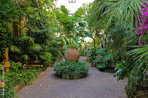 Old retro garden with flowers and palm trees 
