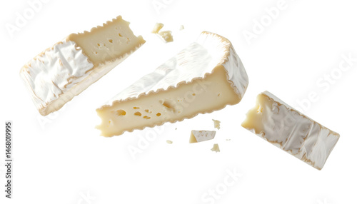 Pieces of brie cheese floating on transparent background