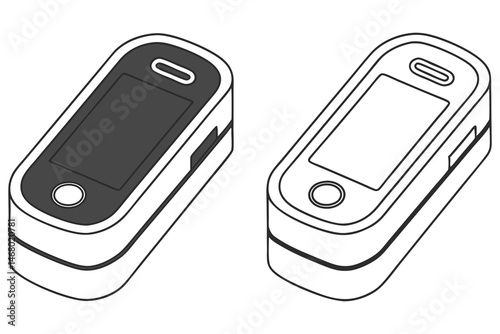 Two digital finger pulse oximeters display different colorings on the screen in solid background