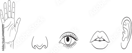 Five human senses editable stroke outline icons set isolated on white background flat vector illustration.