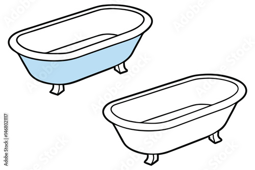 The illustration shows two vintage bathtubs, one light blue and one white, drawn with thick outlines