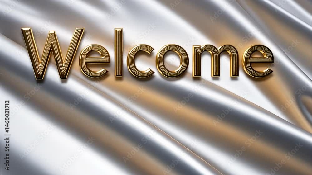Luxury gold Welcome word on satin fabric background. Greeting text for events, website, wedding and hospitality business
