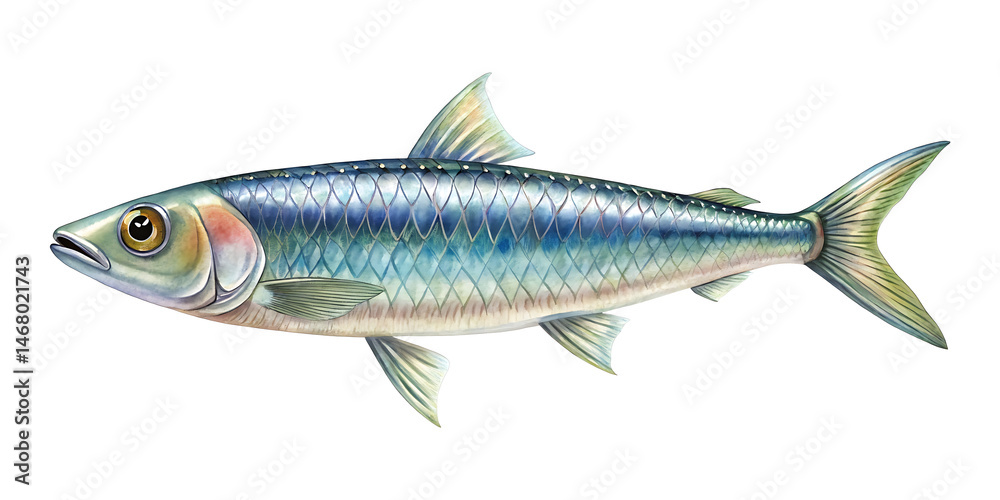 Fototapeta premium Watercolor Illustration of a Sardine Fish with Detailed Scale Pattern, Isolated on transparent
