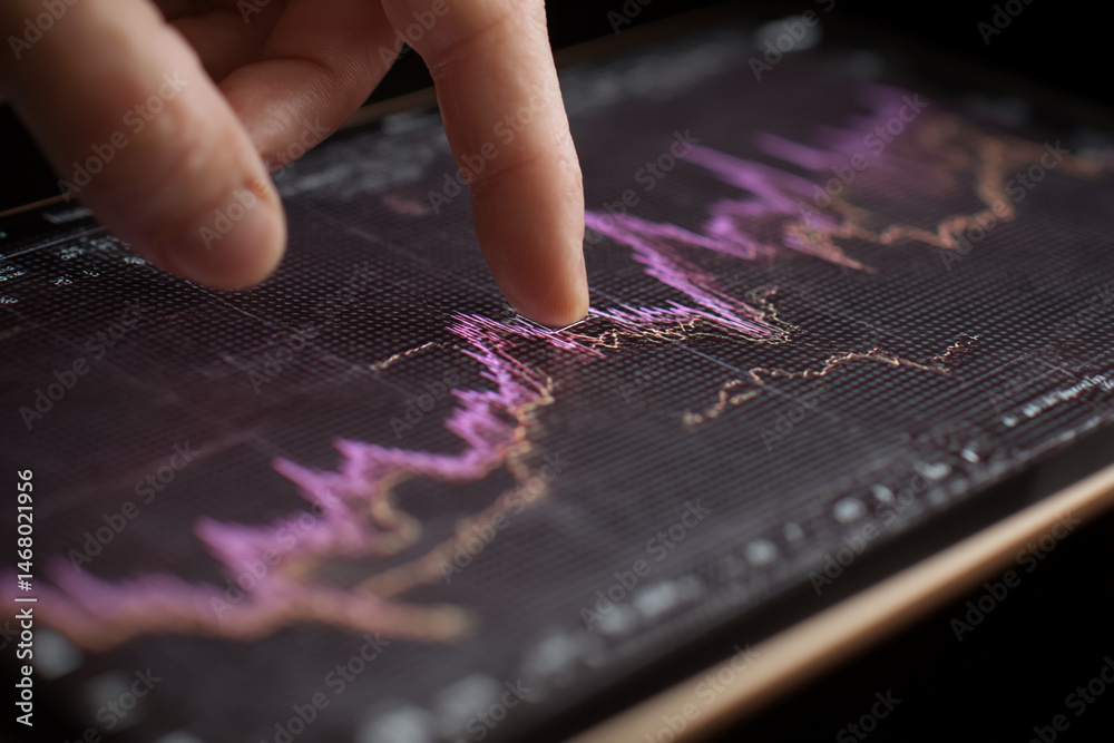 Fototapeta premium Close-up of finger interacting with a tablet screen displaying a pink and beige stock market graph, symbolizing financial analysis, market trends, and technological interaction