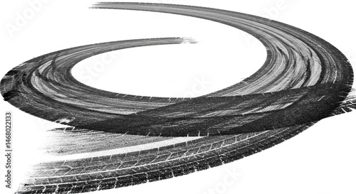 A grayscale image showing a curved tire track with visible tread patterns on a white background surface