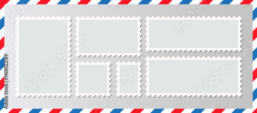 Set of of postage frames. Collection postmarks for mail letter. Empty postal stamp. Blank borders of post stamps. Rectangular perforated labels isolated on gray background. Vector illustration.