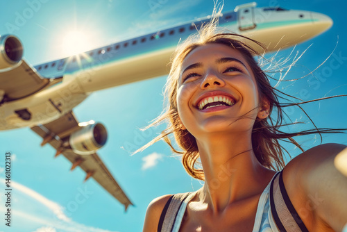 A young woman takes a selfie in front of a passenger plane. Traveling by plane.
