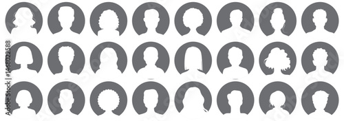 Men and women head business silhouette icon set. Human black avatar vector in line circle isolated on white. Male and female profile picture illustration.