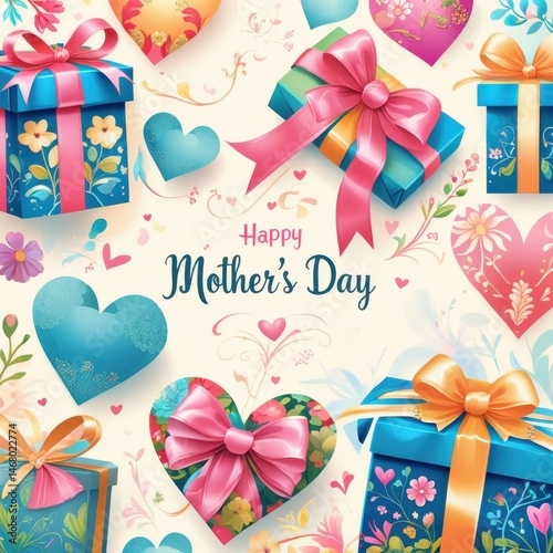 Happy mother's day gifts and hearts background art