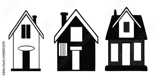 Three Unique House Silhouettes with Distinct Roof Styles and Window Arrangements 