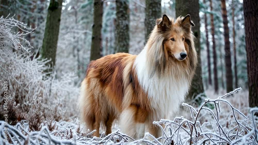 A borzoi dog featuring a black and white coat and a fluffy tail is set against a white winter backdrop in the snow