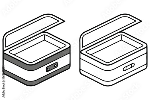 Isometric box vectors show two box containers with lid open in black and white