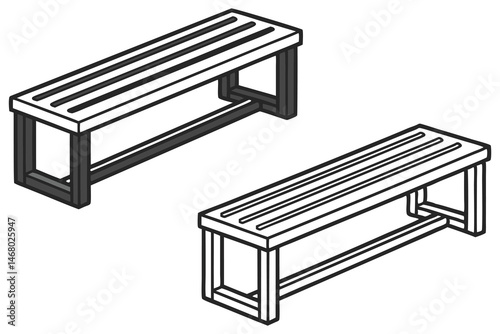 Two striped wooden benches display simple geometric patterns in monochrome style against white background