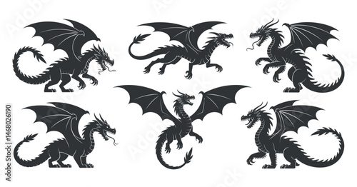 Six Black Silhouettes of Majestic Dragons in Various Poses