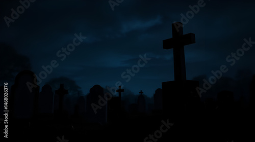 Cemetery or graveyard in the night with dark sky. Headstone and cross tombstone cemetery. Rest in peace concept. Funeral concept. Sadness, lament, and death background. Spooky and scary burial ground.