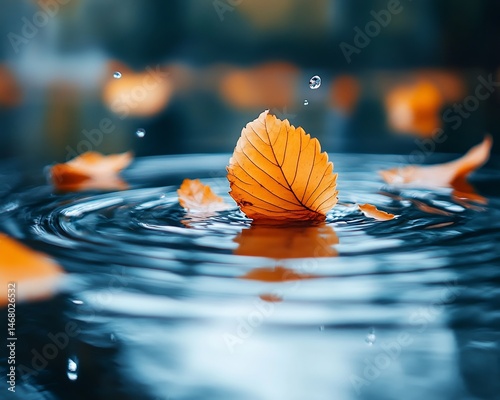 Flowing river in the heart of a forest with fallen autumn leaves floating gently on the rippling water