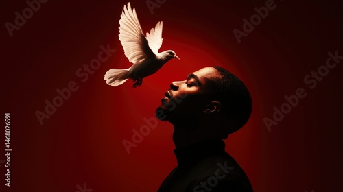 Man and dove, red background