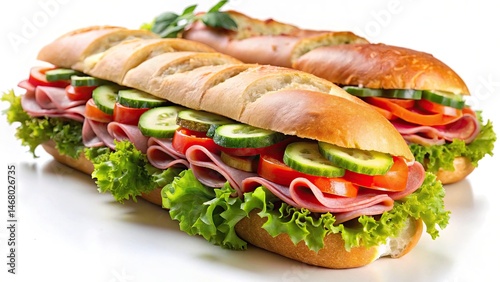 Freshly made submarine sandwiches filled with vegetables and delicious sliced meats on a white background