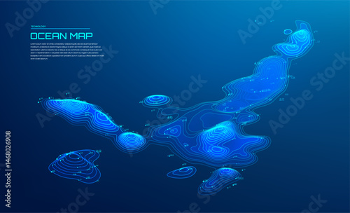 3d ocean map with glowing digital contour lines and depth readings on dark blue gradient background for marine data visualization