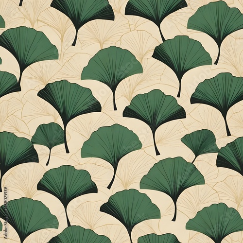 Ginkgo Biloba Leaf Pattern - Elegant Green and Beige Design