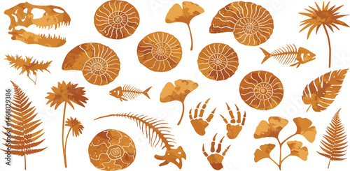 prehistoric, dinosaur, fish, background, icon, vector, texture, isolated, vintage, illustration, leaf, cartoon, white, animal, sea, silhouette, plant, science, set, stone, print, rock, ground, archeol