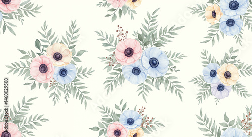 Watercolor pattern of bouquets with anemones and greenery, hand-painted soft palette