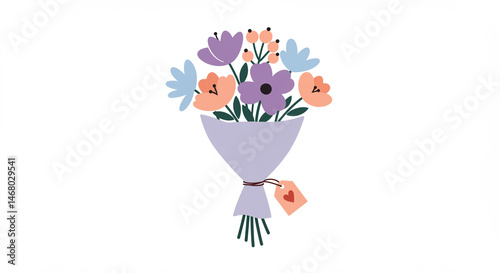 Stylized vector bouquet with small heart tag, minimalistic and symbolic design with copy space