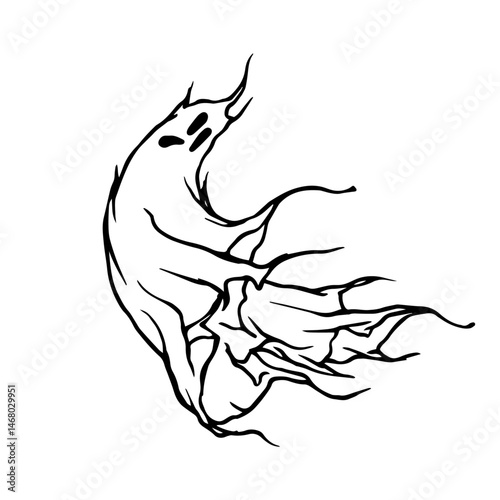 Sketch,doodle halloween character,scare flying ghost,vector graphics.