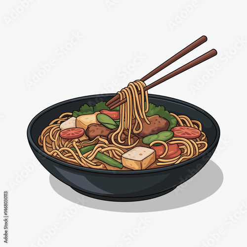 Chow Mein with Stir-Fried Noodles, Vegetables, and Tofu Illustration