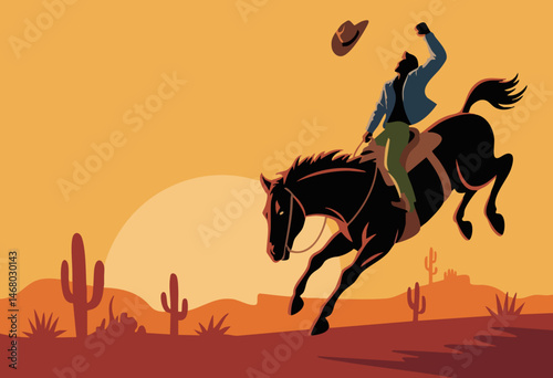 Retro Western Bucking Bronco Illustration – Cowboy in Mid-Ride with Bold Silhouettes, Desert Sunset, and Vintage Color Palette