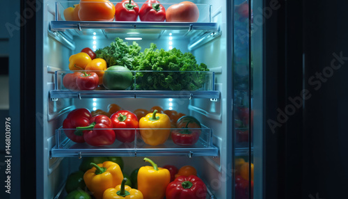 Fototapeta Naklejka Na Ścianę i Meble -  Smart fridge interior with fresh vegetables and fruits neatly organized. Digital interface for inventory management. Modern tech appliance with healthy food produce, smart kitchen automation.
