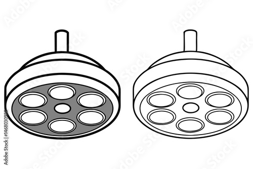 Two stylized operating lights in black and white display a medical examination room tool