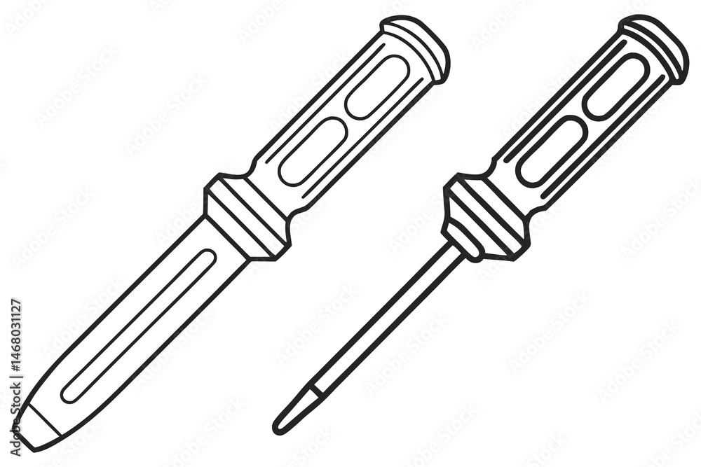 Two stylized screwdrivers exhibit bold, black outlines on a plain, solid white background Two stylized screwdrivers exhibit bold, black outlines on a plain, solid white background