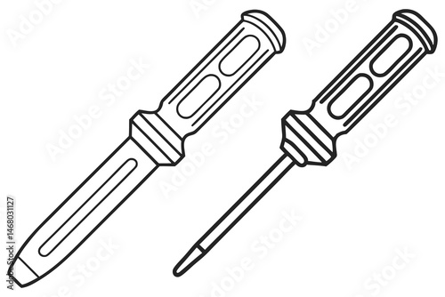 Two stylized screwdrivers exhibit bold, black outlines on a plain, solid white background