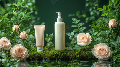 A bottle of white shampoo, an elongated cream tube, and two bottles of hand wash stand on the moss in front of a green background, surrounded by 3-5 roses