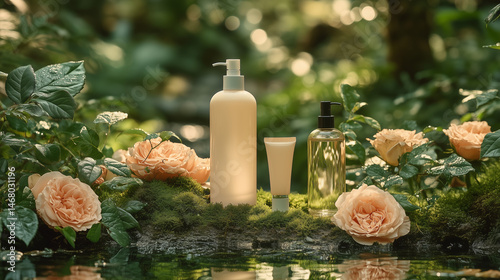 A bottle of white shampoo, an elongated cream tube, and two bottles of hand wash stand on the moss in front of a green background, surrounded by 3-5 roses