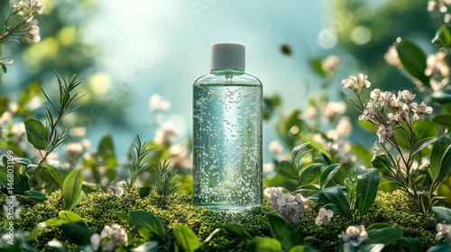 Product photography, a shampoo bottle on a grassy hill surrounded by natural ingredients in an elegant and harmonious arrangement. 
