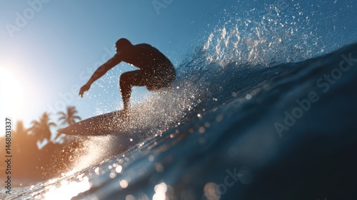 Surfer Riding Ocean Wave Action Silhouette at Sunset Beach Serenity Under Sunlight Splendor