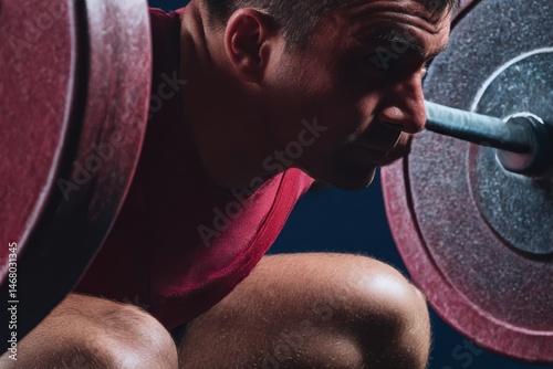 Squatting Athlete Undergoing Intense Weightlifting Training Exercise in Dark Gym Environment