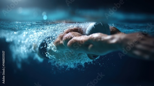 Swimmer in Action Underwater with Powerful Stroke Technique